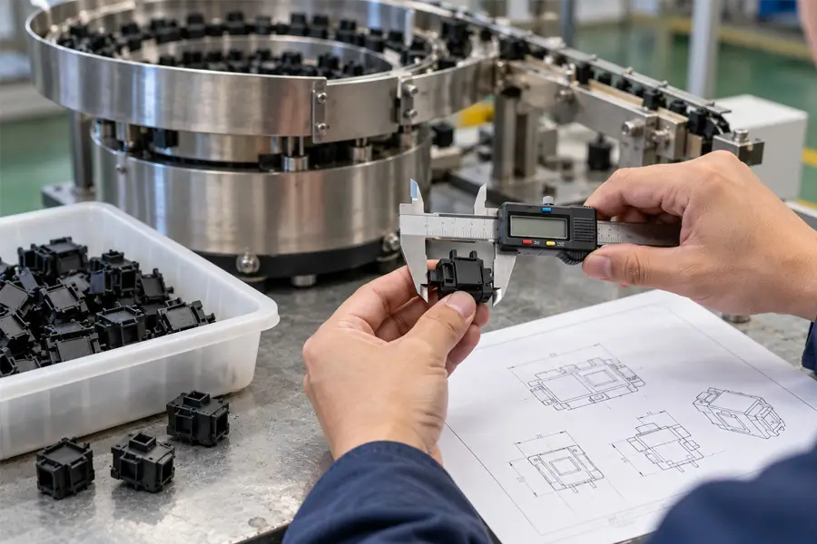 Engineer measuring a switch housing for a custom bowl feeder quotation