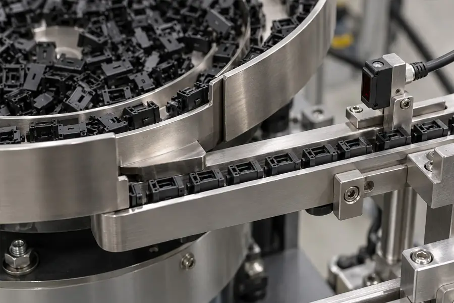 Switch housings aligned in a vibratory bowl feeder outlet track