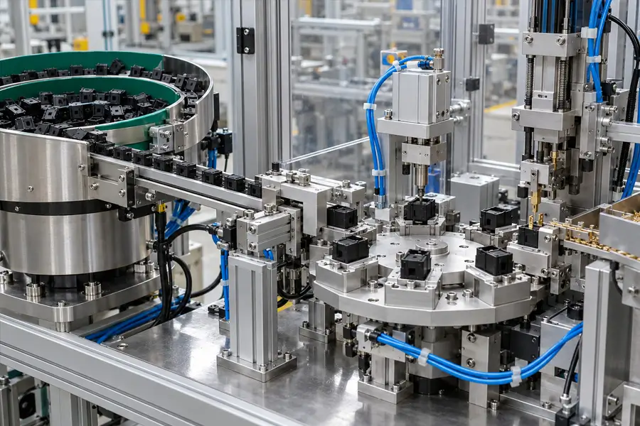 Vibratory bowl feeder supplying switch housings to an assembly station